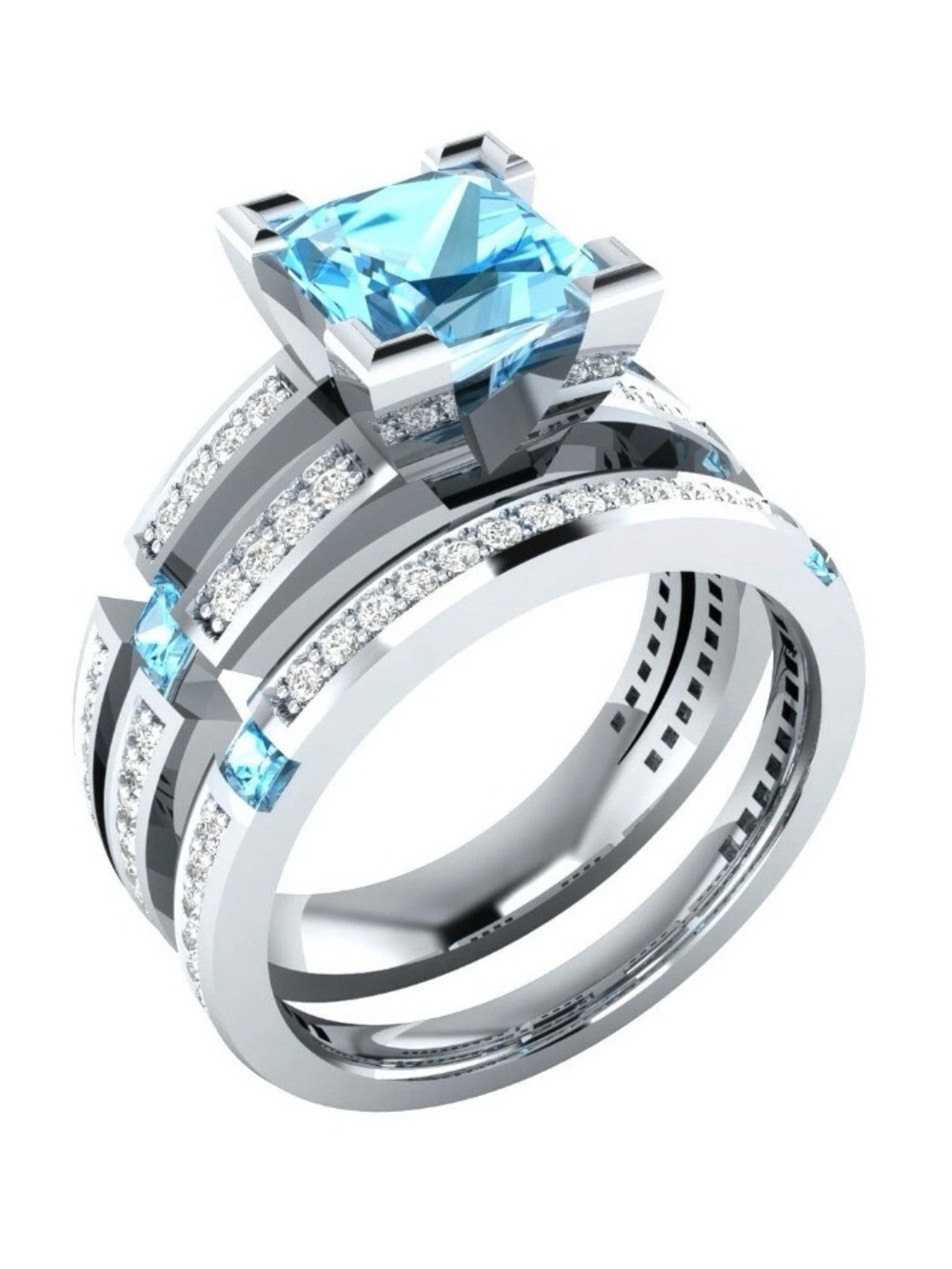 Silver Aqua Blue Princess Cut Ring Set